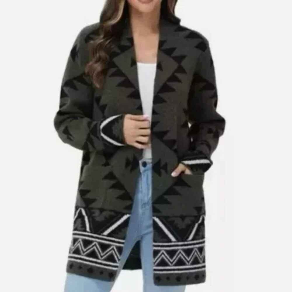 Nwt Frye Women's XS Green Aztec Pattern Open Front Long Cardigan